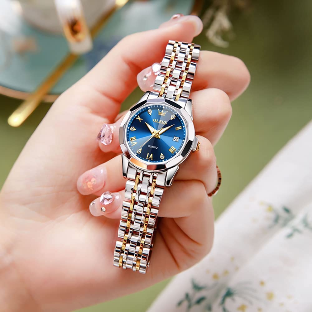 OLEVS Womens Watch Fashion Dress Diamond Female Watches for Ladies Analog Quartz Stainless Steel Waterproof Luminous Day Date Two Tone Wristwatch - Image 3